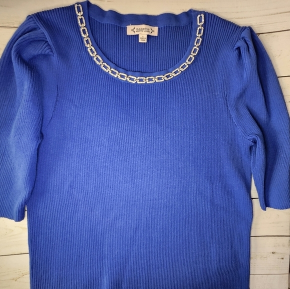 Nanette Lapore Knit Embellished Short Puffed Sleeve Sweater Size Large NWOT - Picture 2 of 6